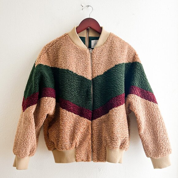 REVOLVE X J.O.A. Colorblock Teddy Faux Fur Jacket In Beige & Forest SZ Small - Picture 1 of 11